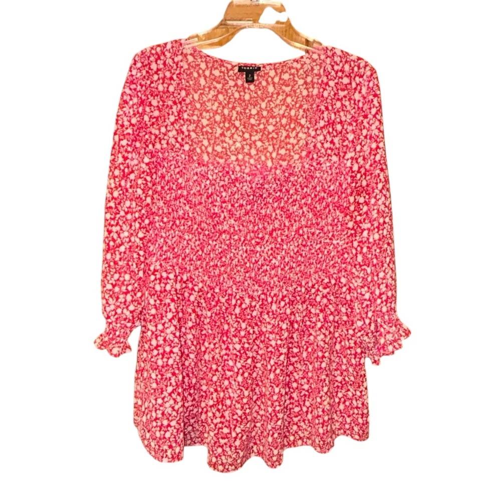 Torrid Womens Plus Floral‎ Smocked Babydoll Layered Blouse Red Pink 2X Fairy